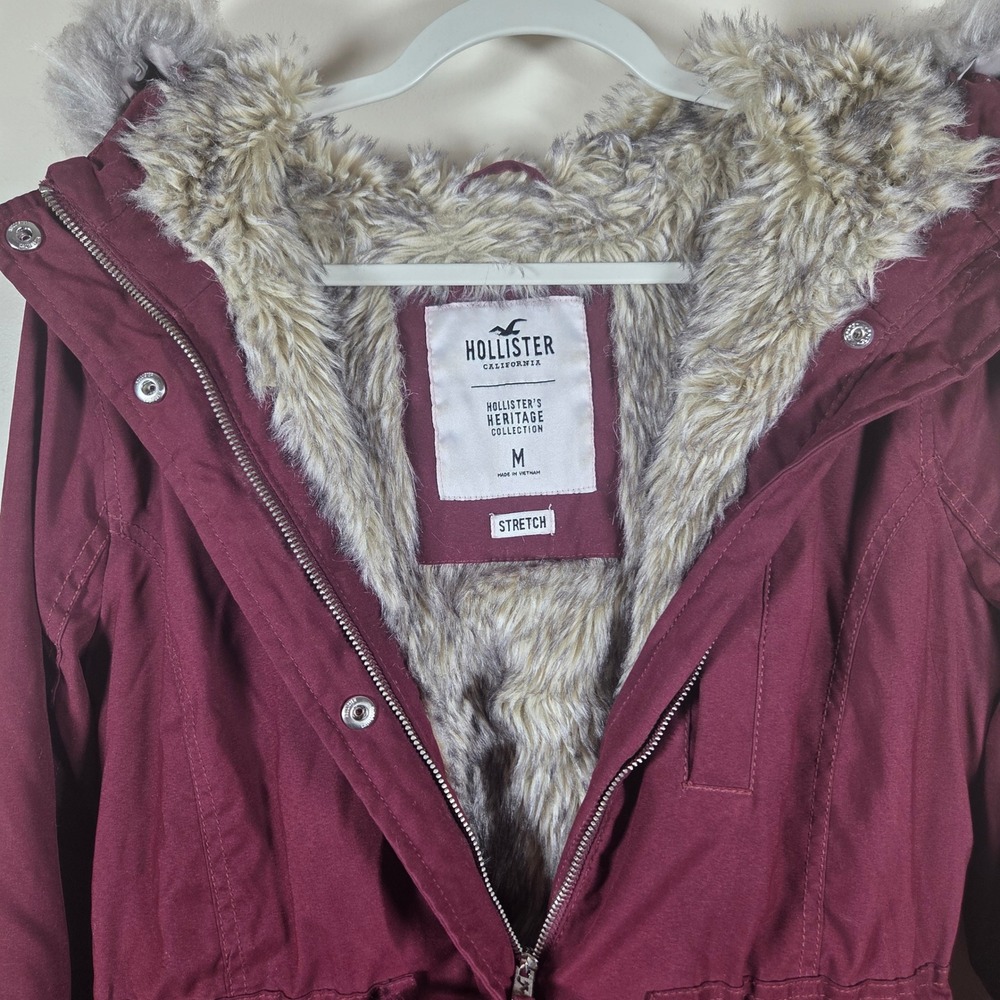 Hollister Parka Jacket Womens M Burgundy Faux Fur Hood Heritage Stretch Utility - Picture 8 of 16